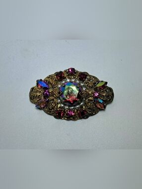 Vintage Gold-Tone Aurora Borealis Crystal & Pink Rhinestone Brooch